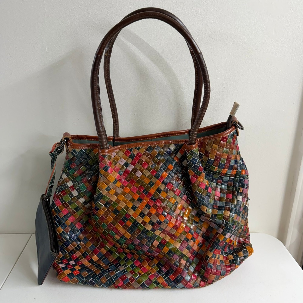 AmeriLeather Linwood multicolor Woven Leather hobo Tote shoulder zip Bag purse